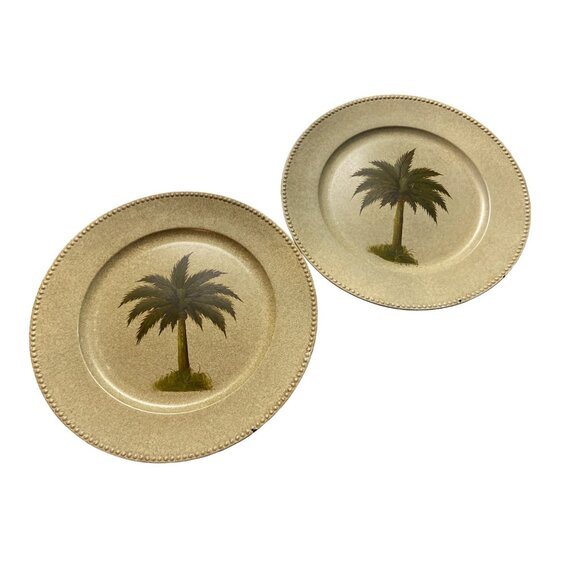 Palm Tree Decorative Plates Coastal Tropical Wall Art Charger Style Set of 2 - Picture 3 of 5